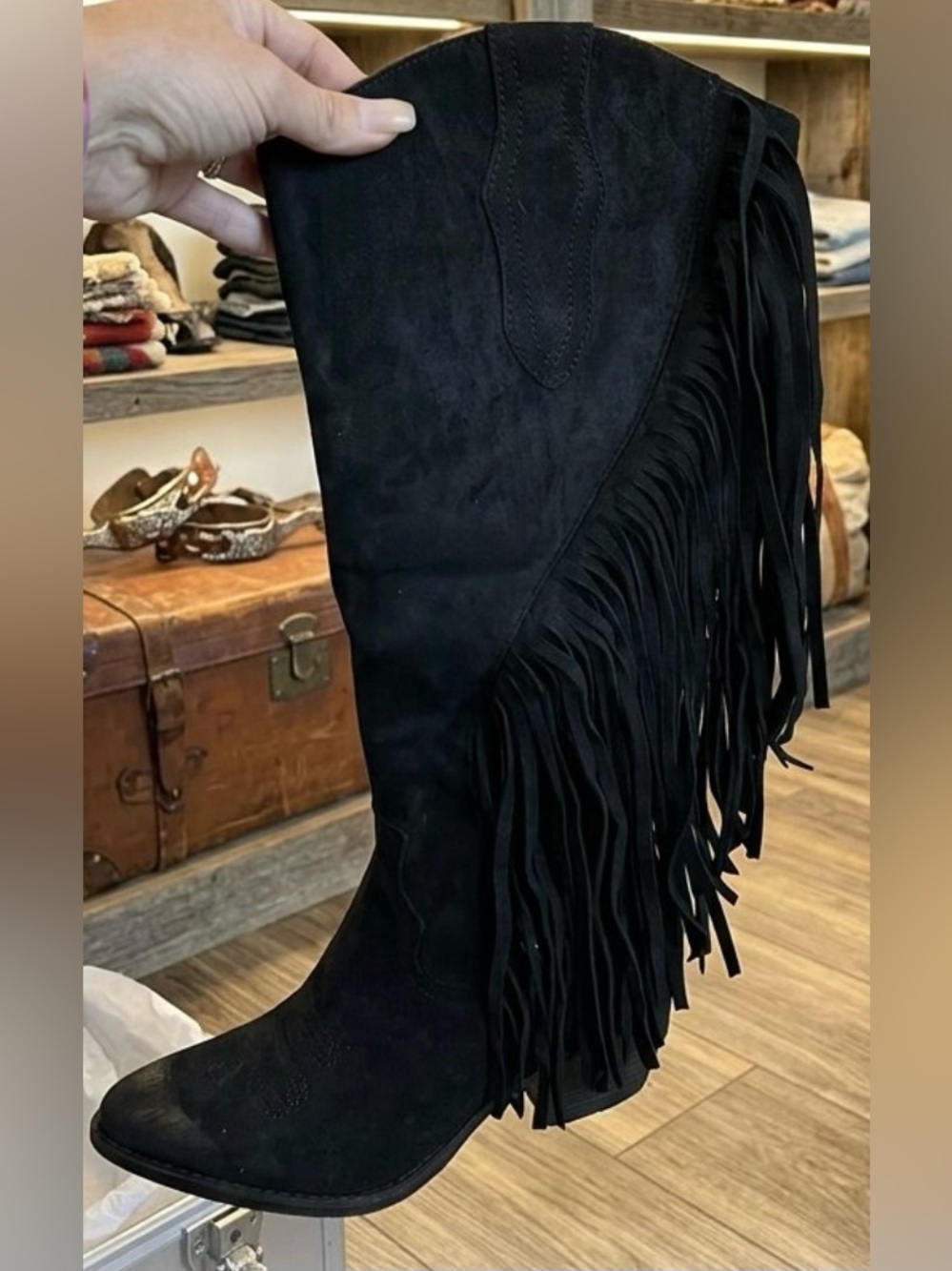 NIB! Pierre Dumas Black Suede Fringe Knee-High Boots